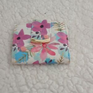 Floral Foldover Wallet in White with Pink & Aqua Flowers